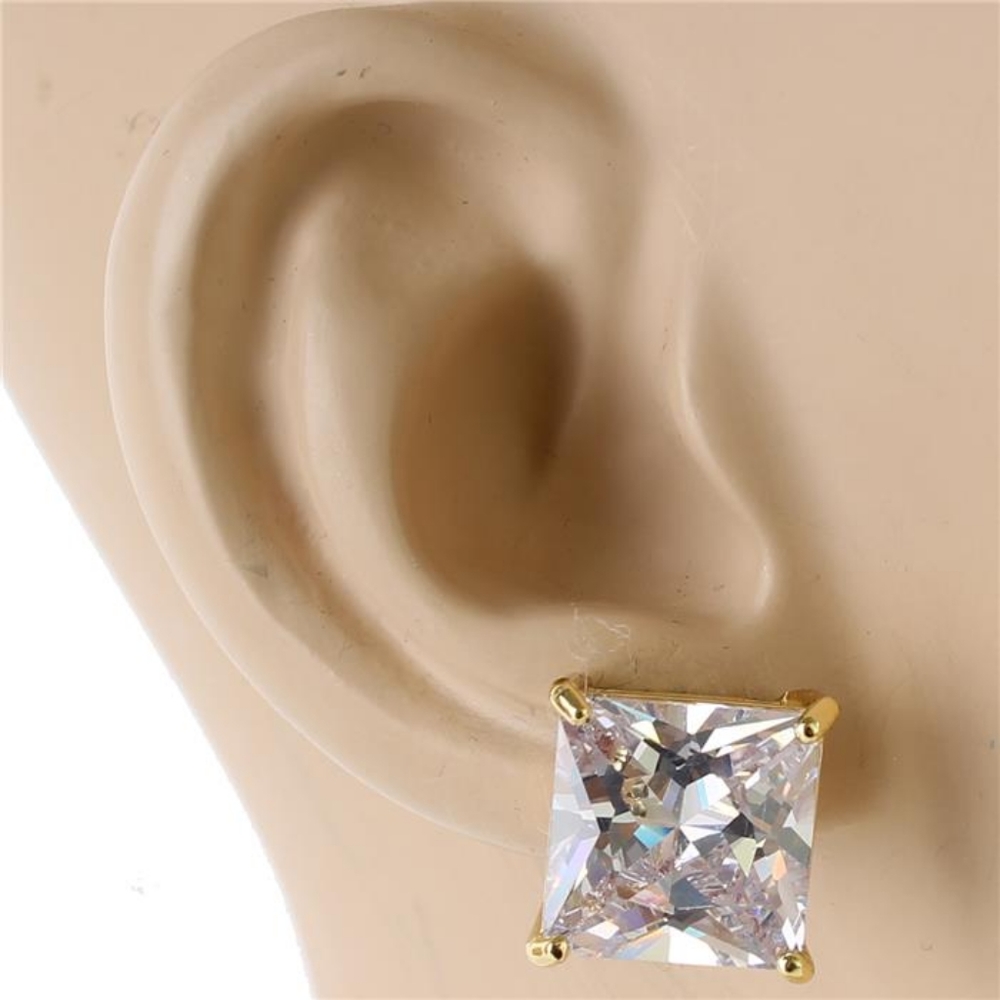 Gold 12 mm Crystal Cubic Zirconia Square Earrings - Picture 1 of 3